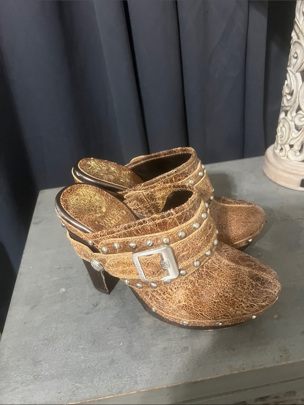 Vince Camuto Brown Studded Leather High-Heel Clog Mules